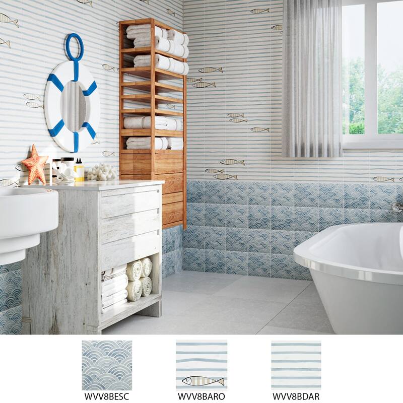 Merola Tile Berta Olas Decor 7-7/8" x 7-7/8" Ceramic Wall Tile - Case (4 Tiles)
