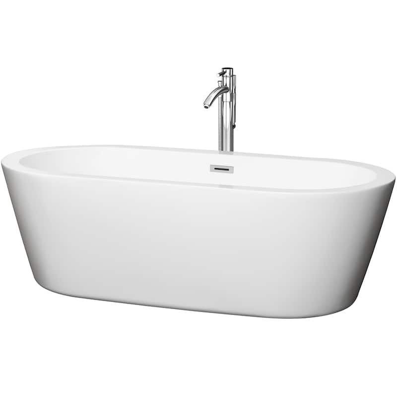 Wyndham Collection Mermaid 71-inch White Freestanding Soaking Bathtub - White, Polished Chrome Trim & Faucet