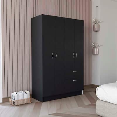 42.9" Modern Four-door Armoire with Hanging Rod, One Drawer and Five Interior Shelves