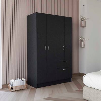 Armoire, Double Door Cabinet, One Drawer, Five Interior Shelves, Rod, Black and White