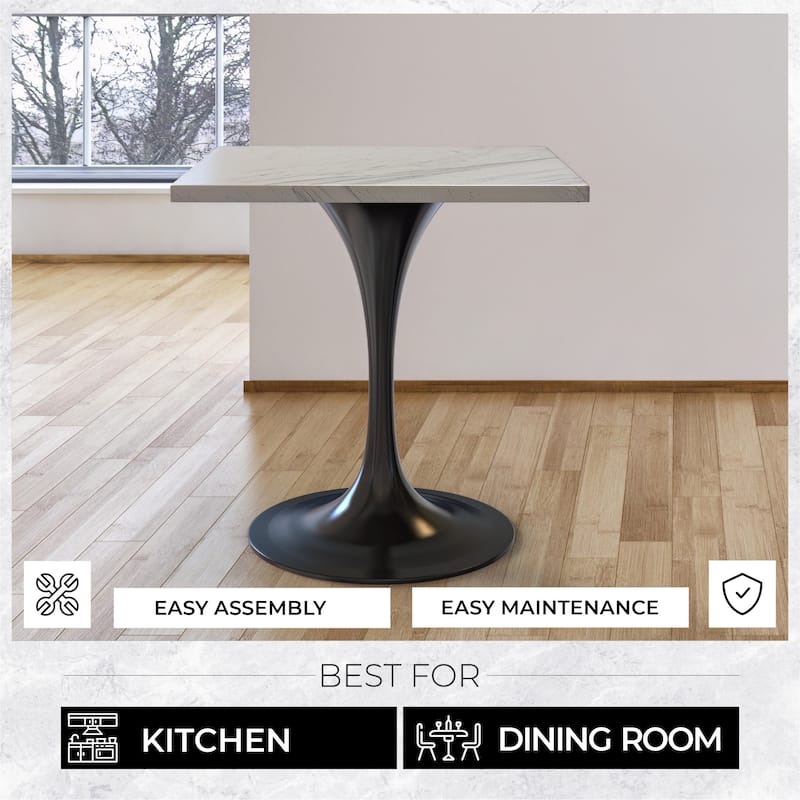 Verve Modern Square Resin Top Dining Table with Black Steel Pedestal Base for Kitchen and Dining Room