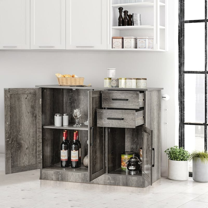 Grey Kitchen Buffet Cabinet with Drawers and Adjustable Shelves for Dining Room Storage - 43.5'' x 16'' x 31''(L x W x H)