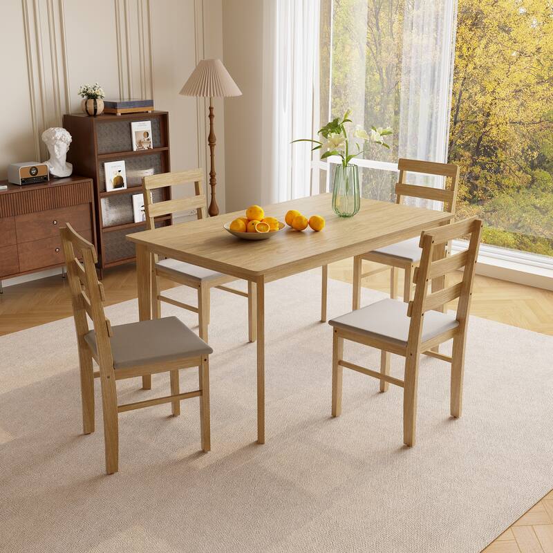 Dining Set with 4 Padded Chairs, Curved Backrest Chairs Breakfast Nook Rustic Natural Wood Table & Chairs Set - Natural Wood