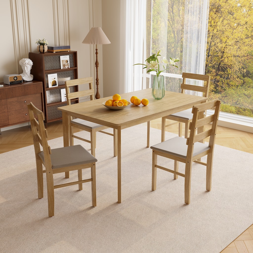 Dining Set with 4 Padded Chairs, Curved Backrest Chairs Breakfast Nook Rustic Natural Wood Table & Chairs Set