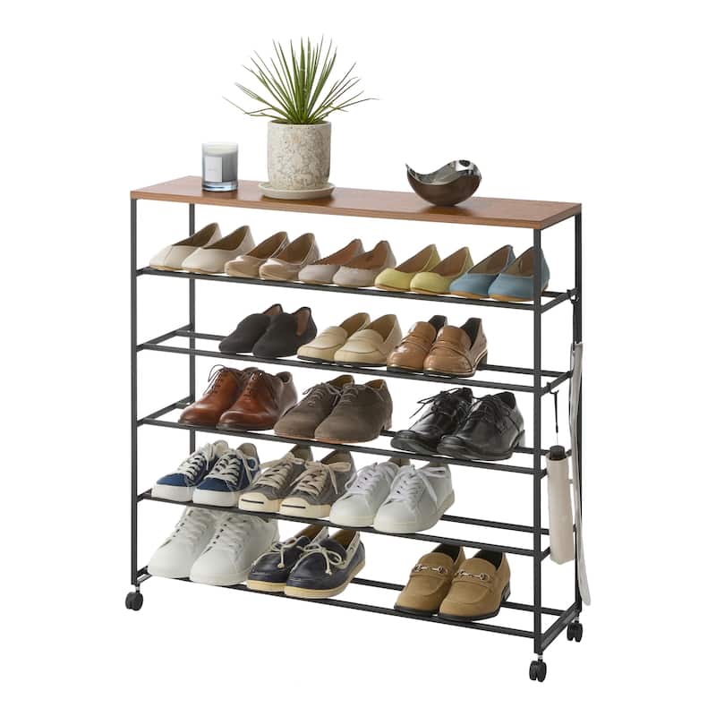 Yamazaki Home Rolling Five-Tier Shoe Rack, Steel and Wood, Wheels - L 10.24 x W 35.63 x H 34.25 inches - Black