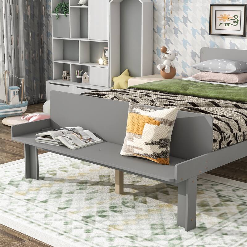 Full Size Kid Bed,Solid Wood Platform Bed with Footboard Bench,Grey