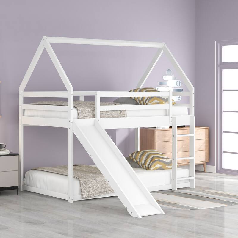 Twin Over Twin House Shape Bunk Bed with Ladder & Slide, Kids Playhouse Bed, Wooden Bunk Beds Frame with Full-Length Guardrails