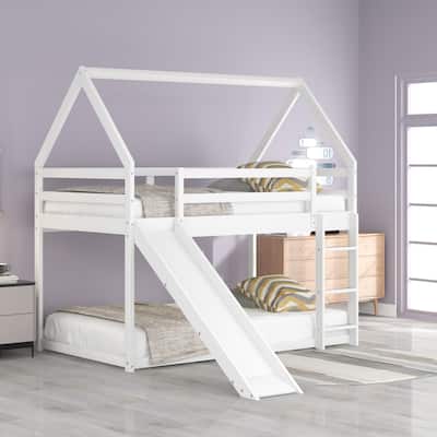 Twin Pine House Bunk Bed with Slide and Guardrails