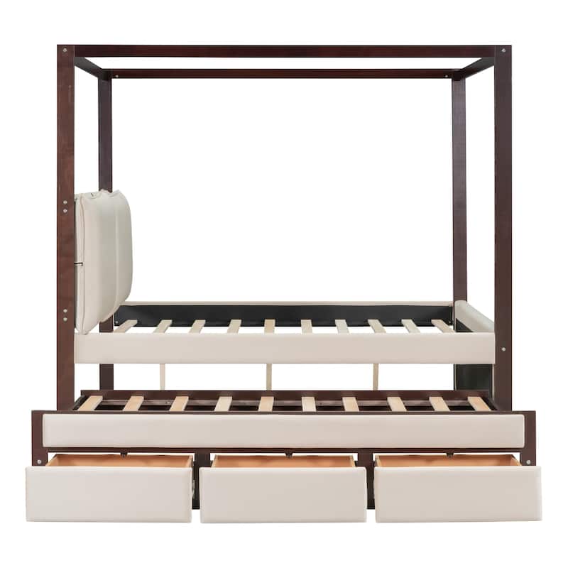 Full Size Upholstered Canopy Bed with Trundle and 3 Drawers Bed Bath
