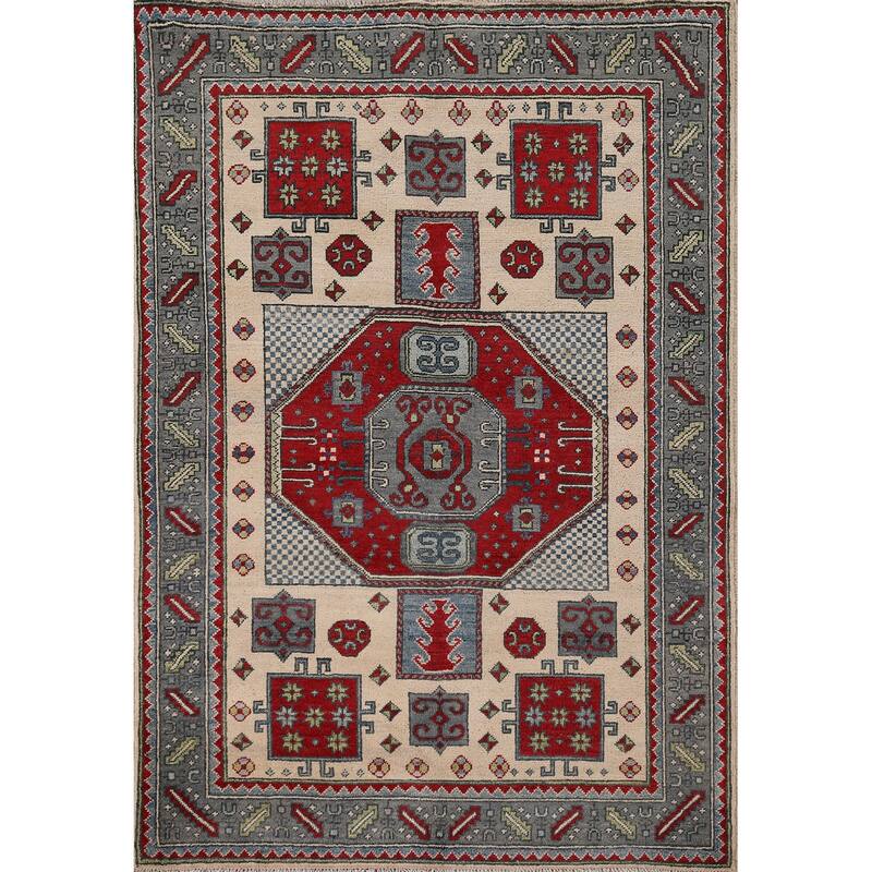Kazak Oriental Area Rug Hand-Knotted Traditional Beige Wool Carpet - 4'2" x 5'7"