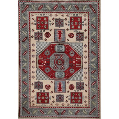 Kazak Oriental Area Rug Hand-Knotted Traditional Beige Wool Carpet - 4'2" x 5'7"