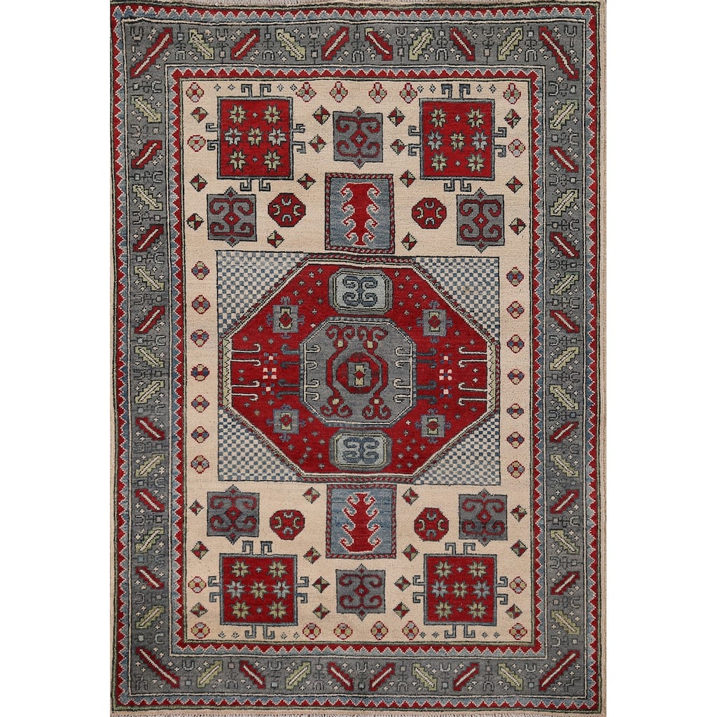 Kazak Oriental Area Rug Hand-Knotted Traditional Beige Wool Carpet - 4'2" x 5'7"