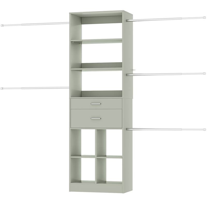 66''-100'' Walk-in Closet Organizer with 5 Hanging Rods and 2 Wooden Drawers，4-8FT Sturdy Closet System with Storage Shelves