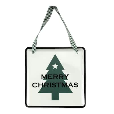 8" Merry Christmas Metal Wall Sign with Green Check Ribbon