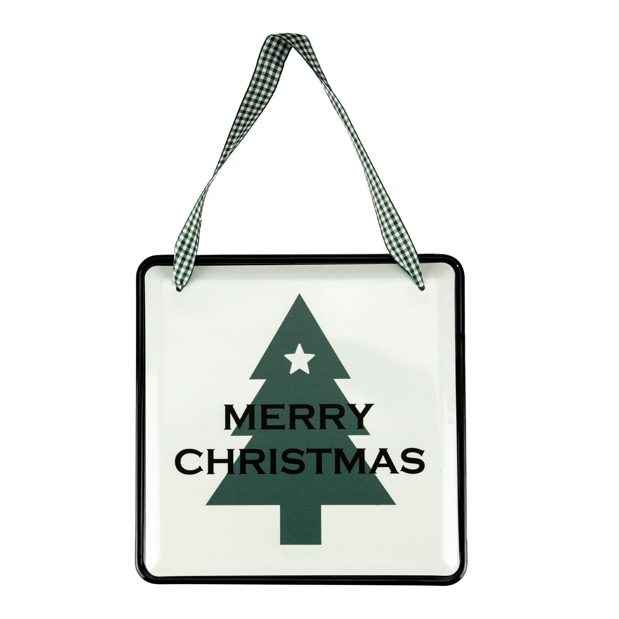 8" Merry Christmas Metal Wall Sign with Green Check Ribbon