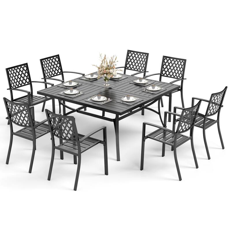 MAISON ARTS 9-Piece Patio Dining Set, 60 Inch Square Metal Table and 8 Metal Dining Chairs
