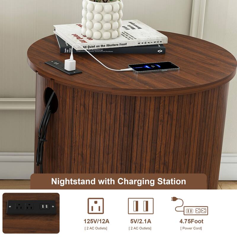Anmytek Rotating Nightstand with Charging Station USB Wooden Bedside Table Storage Modern