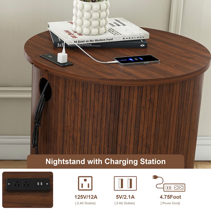 Mid Century Modern Cylinder End Table with Built-in Charging Station