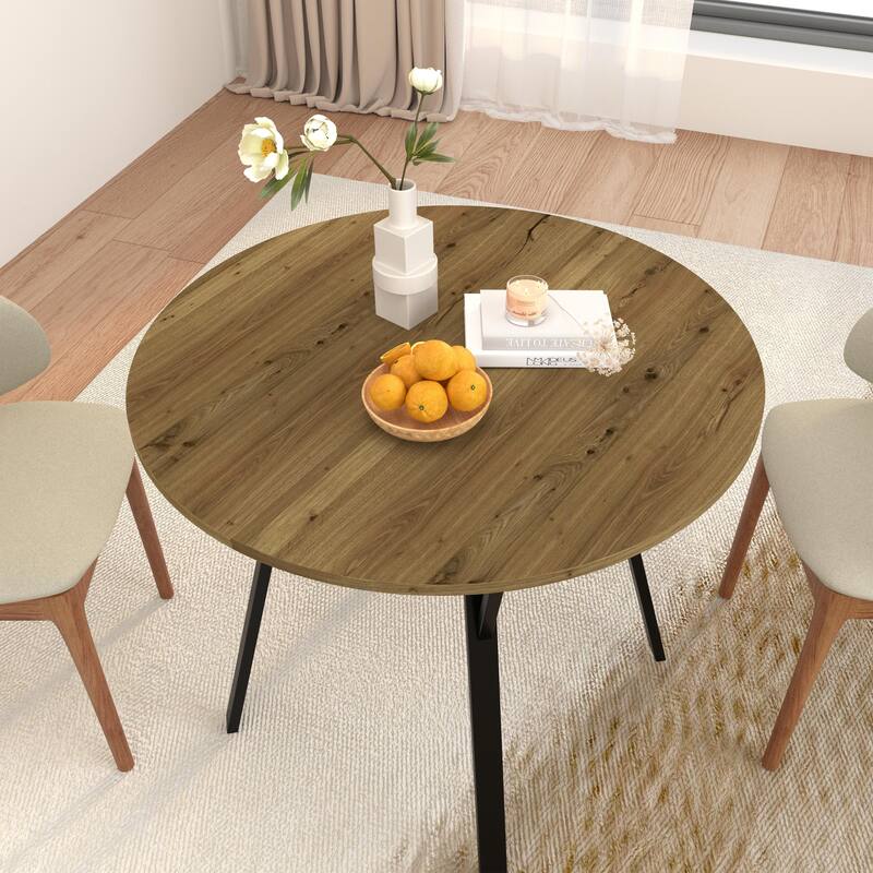 Anmytek Round Dining Table Modern Wood Top and Metal Frame Brown Industrial Kitchen Table
