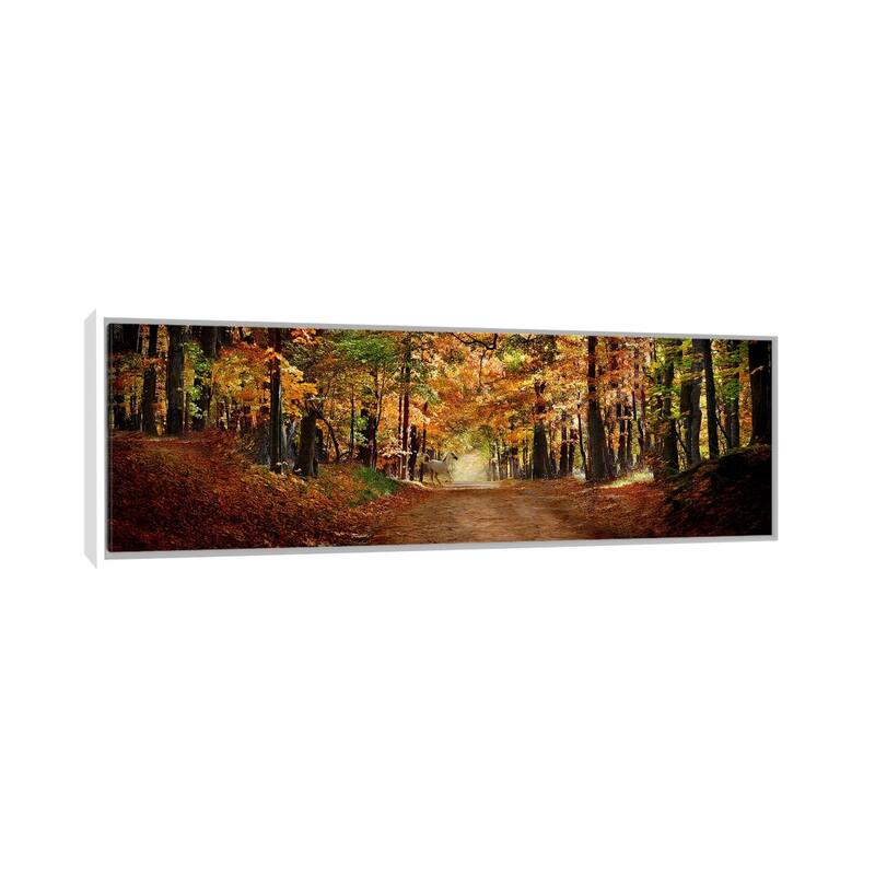 iCanvas "Horse running across road in fall colors" by Panoramic Images Framed Canvas Print - 16x48 - White