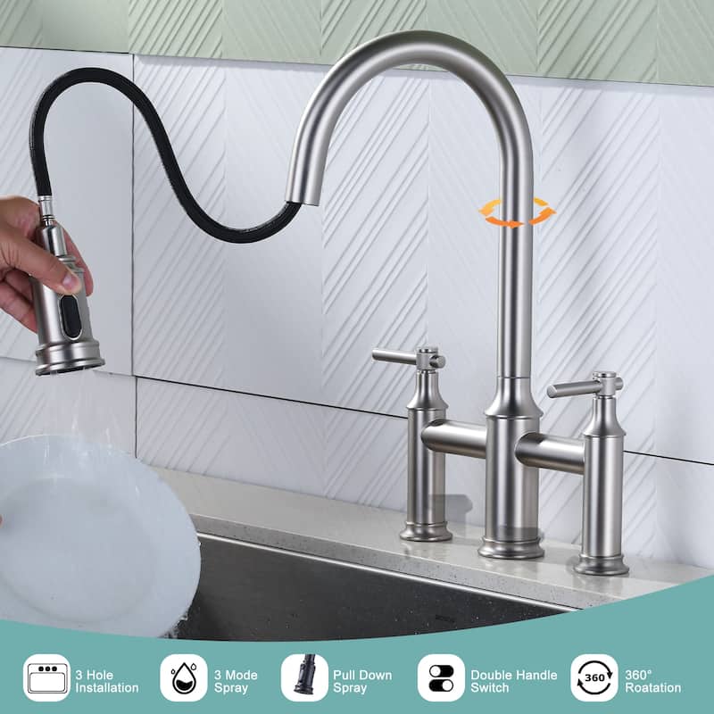 WOWOW Double Handle Pull Down Sprayer Bridge Kitchen Faucet