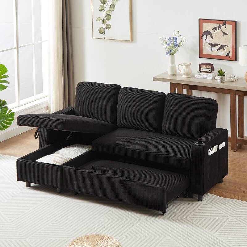 Modern Corduroy Reversible Sleeper Sofa Bed with Pullout Bed, L-Shaped Combo Sofa for Tight Spaces, Living Room, and Office