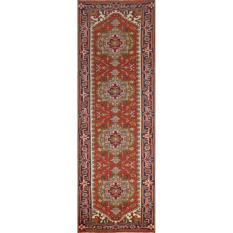 Hand Knotted Oriental 100% Wool Carpet Traditional Geometric Oranges & Rust Heriz (serapi) Runner Rug - 10' 0'' X 2' 6''