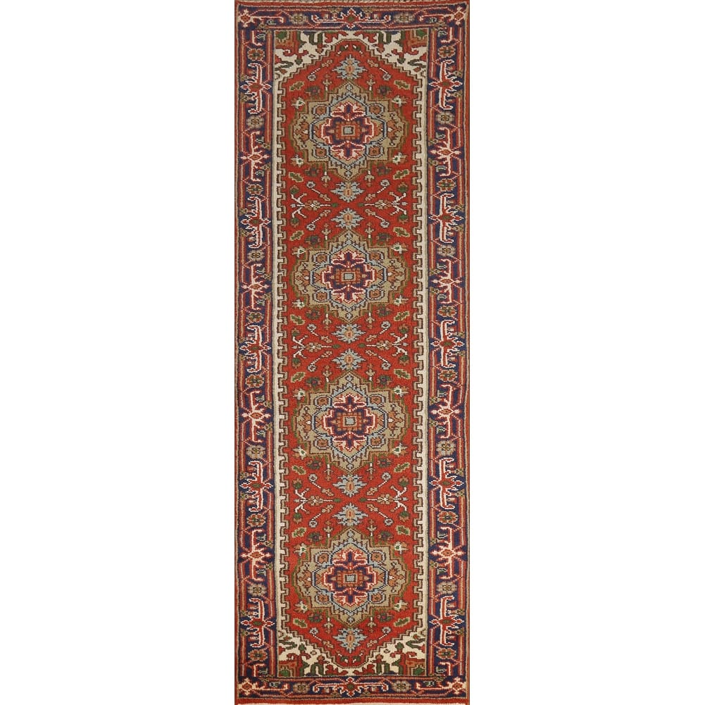 Hand Knotted Oriental 100% Wool Carpet Traditional Geometric Oranges & Rust Heriz (serapi) Runner Rug - 10' 0'' X 2' 6''