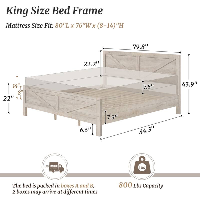 King/Queen Size Wood Platform Bed Frame With Headboard, Solid Wood Platform Bed, No Box Spring Needed, Easy Assembly