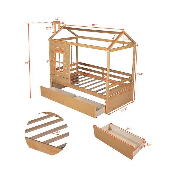 dimension image slide 2 of 3, Twin Size House Bed with Two Drawers & Guardrail