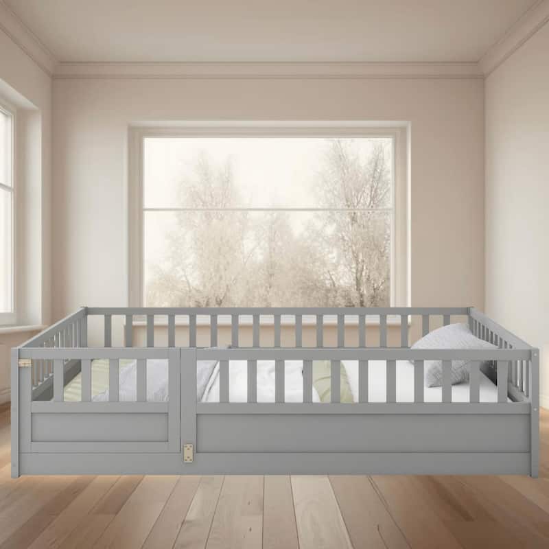 Full Size Montessori Floor Bed Frame with High Security Barrier and Door, Safe and Functional Bed for Kids Bedroom Furniture - Grey - Full