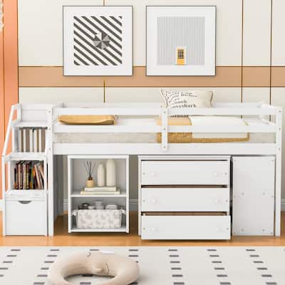 Solid Wood Loft Bed with Retractable Desk, Storage Stairs, Storage Drawers, and Shelves