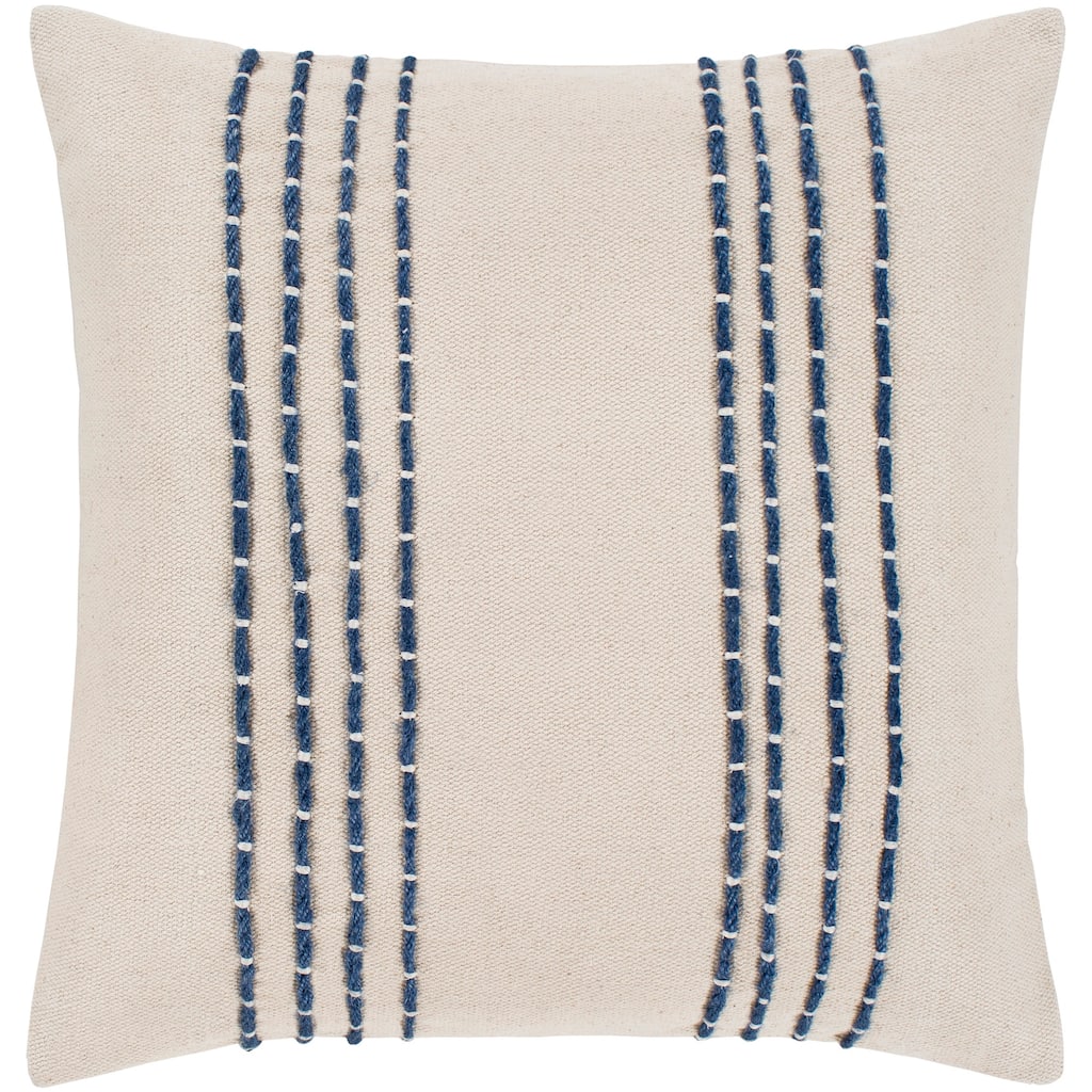 Livabliss Malik Cream & Navy Hand Embroidered Poly Fill Throw Pillow (22" x 22")