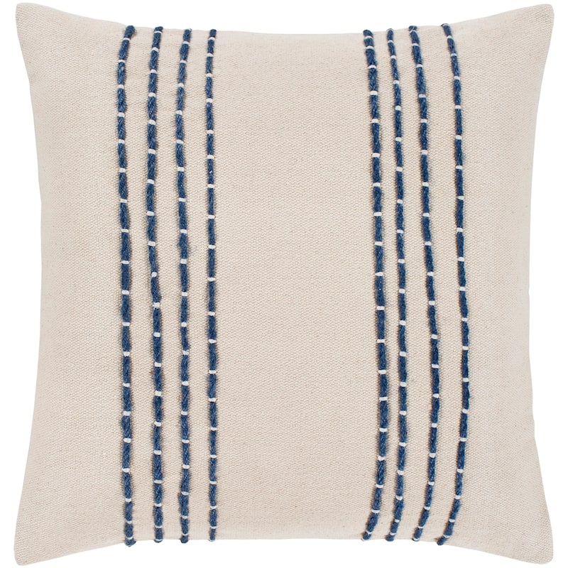 Livabliss Malik Cream & Navy Hand Embroidered Throw Pillow Cover (22" x 22")