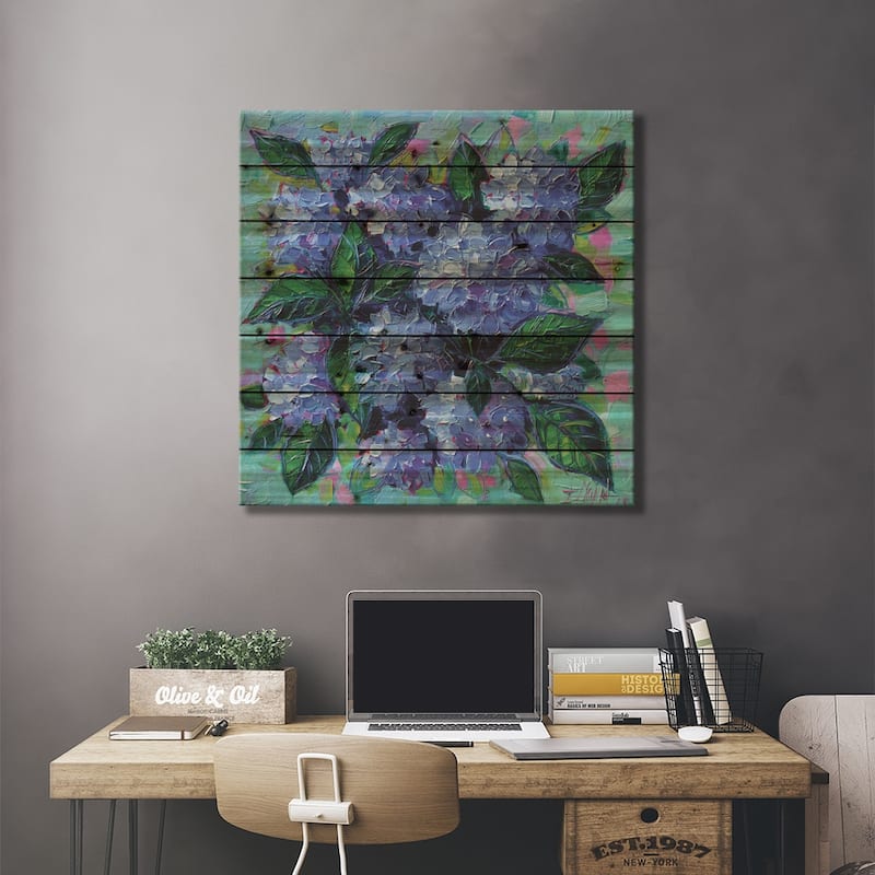 Blue Hydrangeas Print On Wood by Mona Edulesco - Multi-Color
