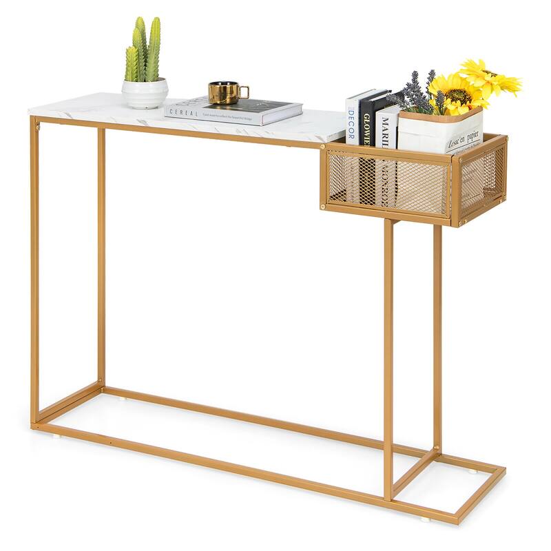 Gymax Console Table Faux Narrow Marble Entryway Sofa Table with - White, Gold - MDF