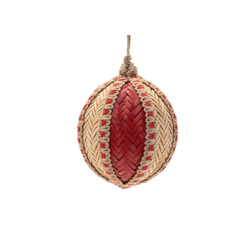 HomeRoots Set of Four Red And Natural Woven Bamboo Ball Ornaments