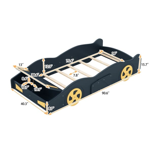 dimension image slide 1 of 2, Race Car-Shaped Platform Bed,Kids' Bed with Wheels and Storage