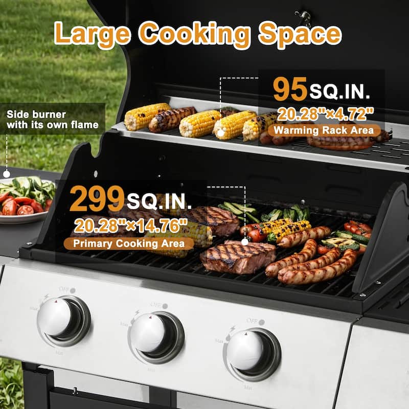 Outdoor Propane Gas Grill with Side Burner, Cast Iron Grates, Storage Cabinet, Easy Clean for Backyard & Patio