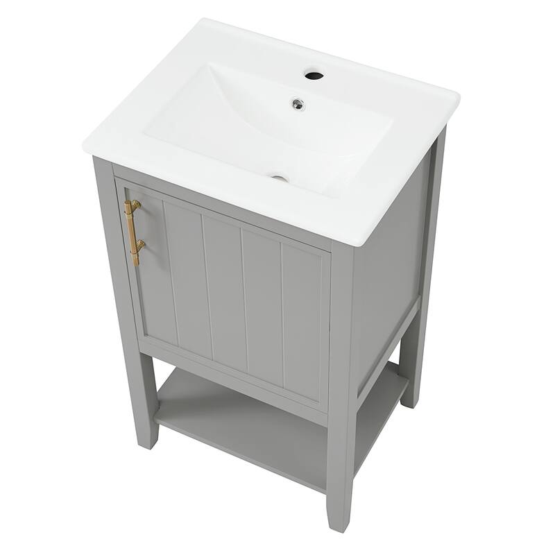 20" Bathroom Vanity with Sink, Soft Closing Door, Storage Rack & Open Shelf - Modern Grey Freestanding Cabinet
