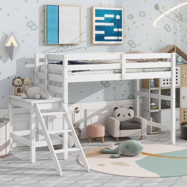 slide 2 of 9, White Twin Pine Loft Bed with Platform & Ladder