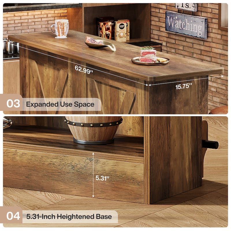 2-Tier Bar Table with Footres, Rustic Brown Bar Cabinet Height Pub - N/A