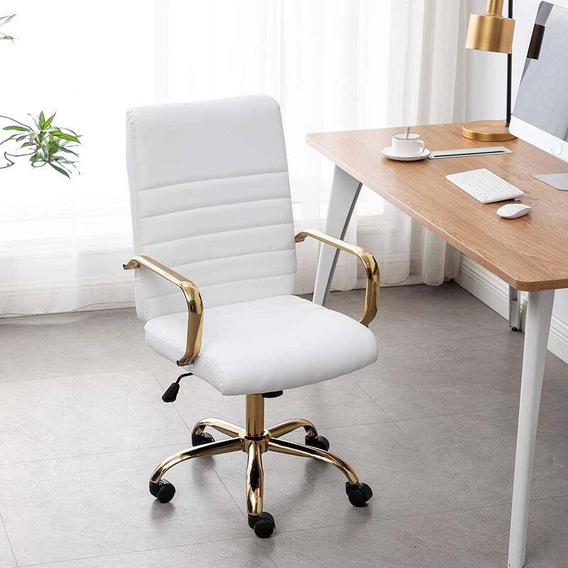 BTEXPERT Ergonomic White Faux Leather Adjustable Home Office Arm Chair Golden Finish