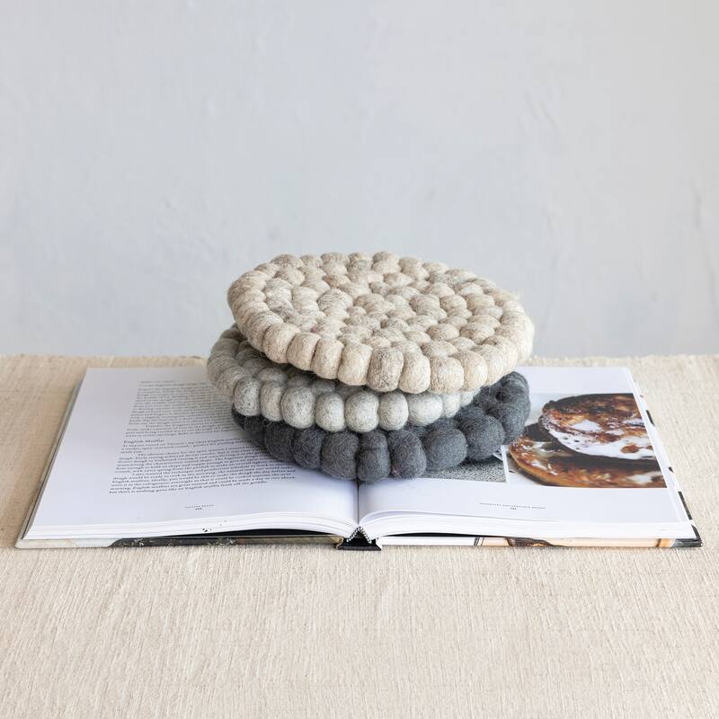 Handmade Wool Felt Ball Trivet, Set of 3 - 7.5"L x 7.5"W x 1.0"H - Multi - 7.5"L x 7.5"W x 1.0"H