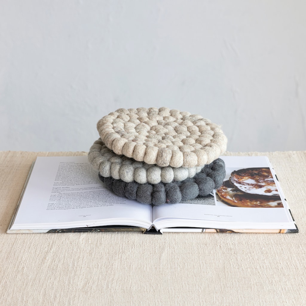 Handmade Wool Felt Ball Trivet, Set of 3 - 7.5"L x 7.5"W x 1.0"H