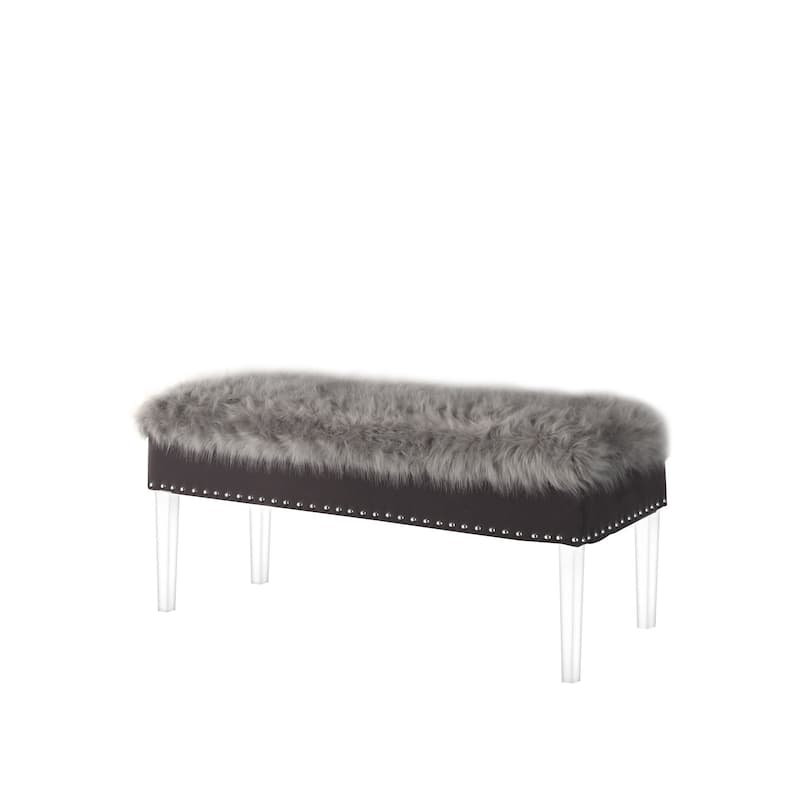 HomeRoots 42" Gray and Clear Upholstered Faux Fur Bench with Flip top