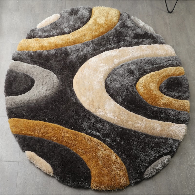 Mateos Shag Collection Area Rug - 7' Round - Grey/Gold