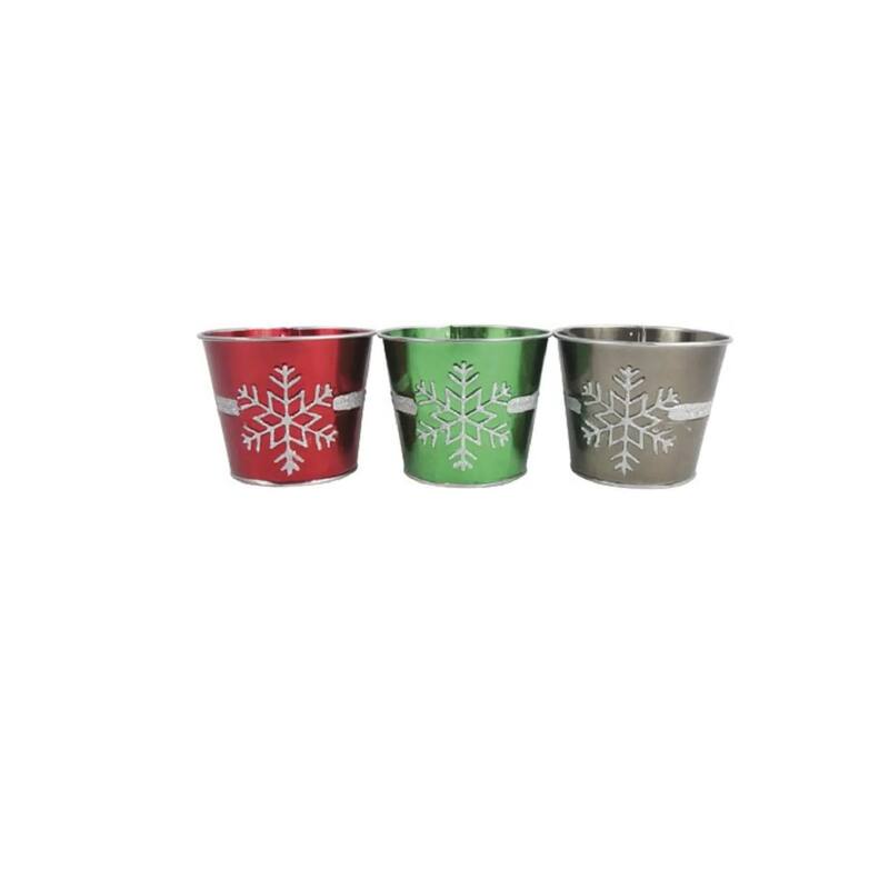Set of 3 Red, Green and Silver Glitter Snowflake Decorative Christmas Tin Pots 5"