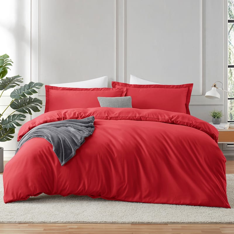 Emperyan Duvet Cover With Fitted Sheet Soft Double Brushed Bedding Set - Red - Queen