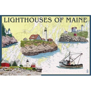 Lighthouses of ME - Nautical Chart - LP Artwork (Cotton/Polyester Chef ...